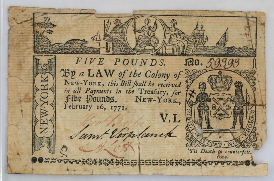 New York £5 Colonial Currency February 16 1771 (1 of 2)