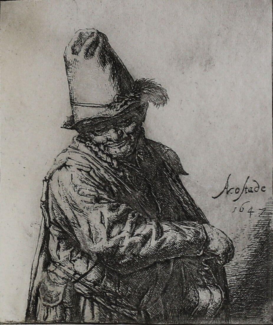 Adriaen Jansz Van Ostade Dutch 1610-1685 Etching Organ Grinder: Van Ostade, Adriaen Jansz (Dutch 1610-1685) Black and white etching on paper, 'The Organ Grinder'. Man in hat turns the handle on his instrument. Signed in matrix 'A Ostade'. Notation on folder reads