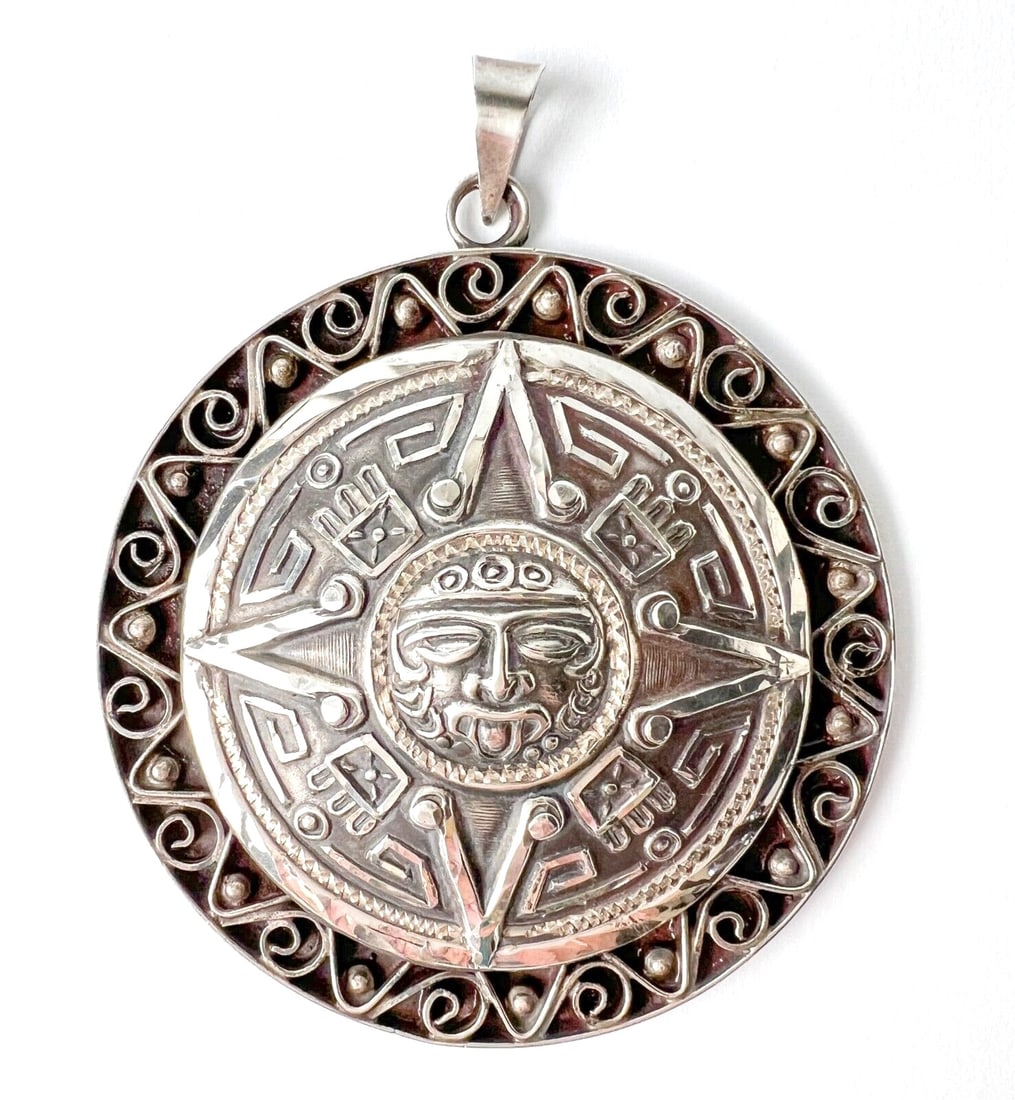 Taxco Mexico Sterling Silver Aztec Mayan Style Pendant Mid Century (1 of 6)
