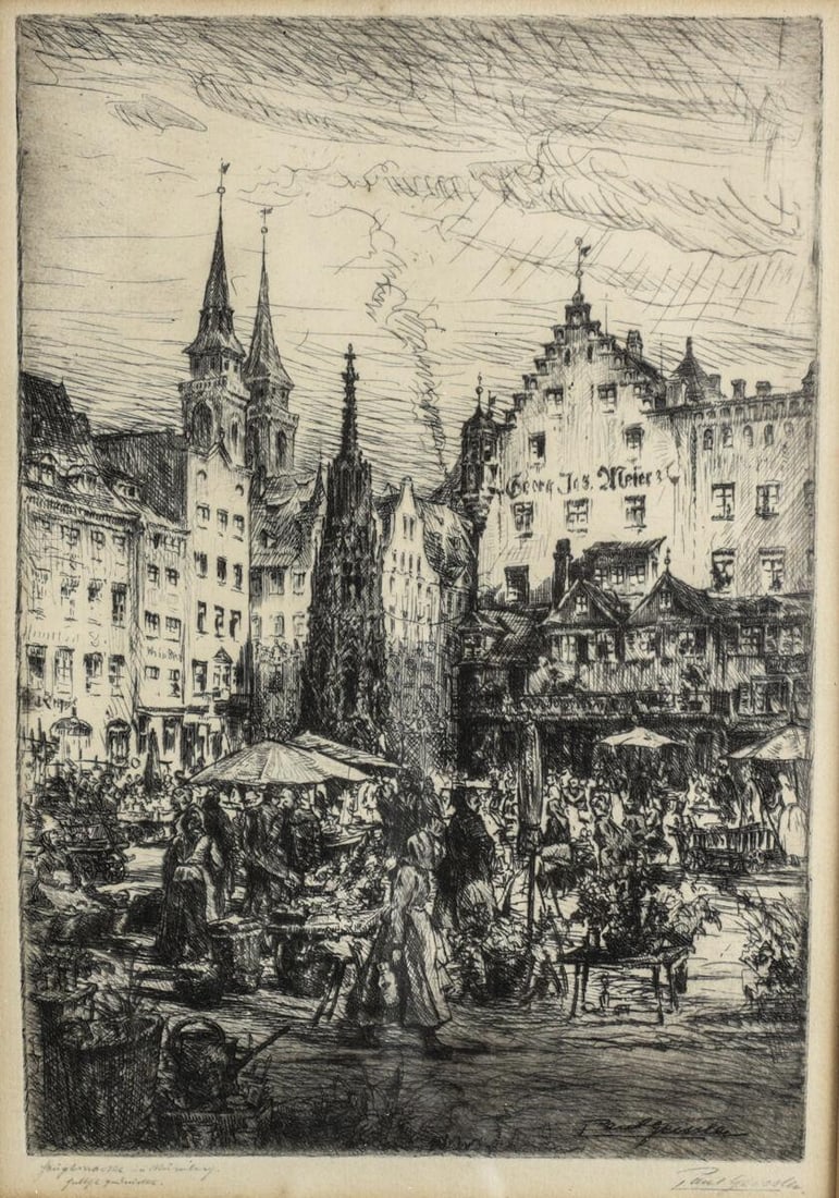 Mark Geissler (German 1881-1965) Etching Market Scene in Nuremberg signed  c1920 (1 of 5)