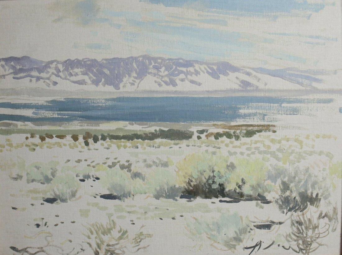 James Swinnerton California 1875-1974 Oil Painting Field Sketch desert landscape: James Swinnerton (California 1875 - 1974) Oil Painting on canvas board, titled Field Sketch, desert landscape. Gallery label on reverse, inscription (dated 1965) by original owner on reverse. In wood