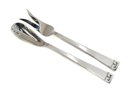 Pair Allan Adler Sterling Silver Hand Hammered Salad Servers in Chinese Key: Pair Allan Adler sterling silver hand hammered salad servers in Chinese Key, Mid Century. Pierced Chinese key to edge of handle. Signed Allan Adler to underside. Weight:approx. 6.7 ozt Measurements: A
