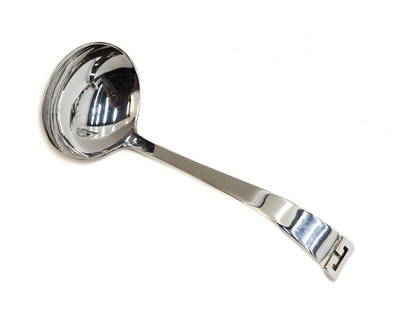 Allan Adler Sterling Silver Hand Hammered Gravy Ladle in Chinese Key Mid C: Allan Adler sterling silver hand hammered gravy ladle in Chinese Key, Mid Century. Pierced Chinese key to edge of handle. Signed Allan Adler to underside. Weight:approx. 2.5 ozt Measurements: Approx.