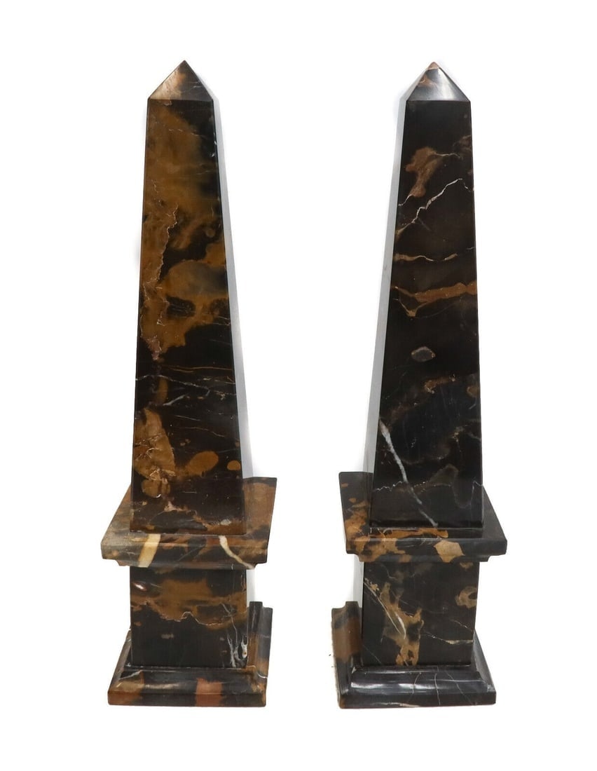 Pair Vintage French Brown Gold Emperador Marble Obelisk Sculptures (1 of 6)