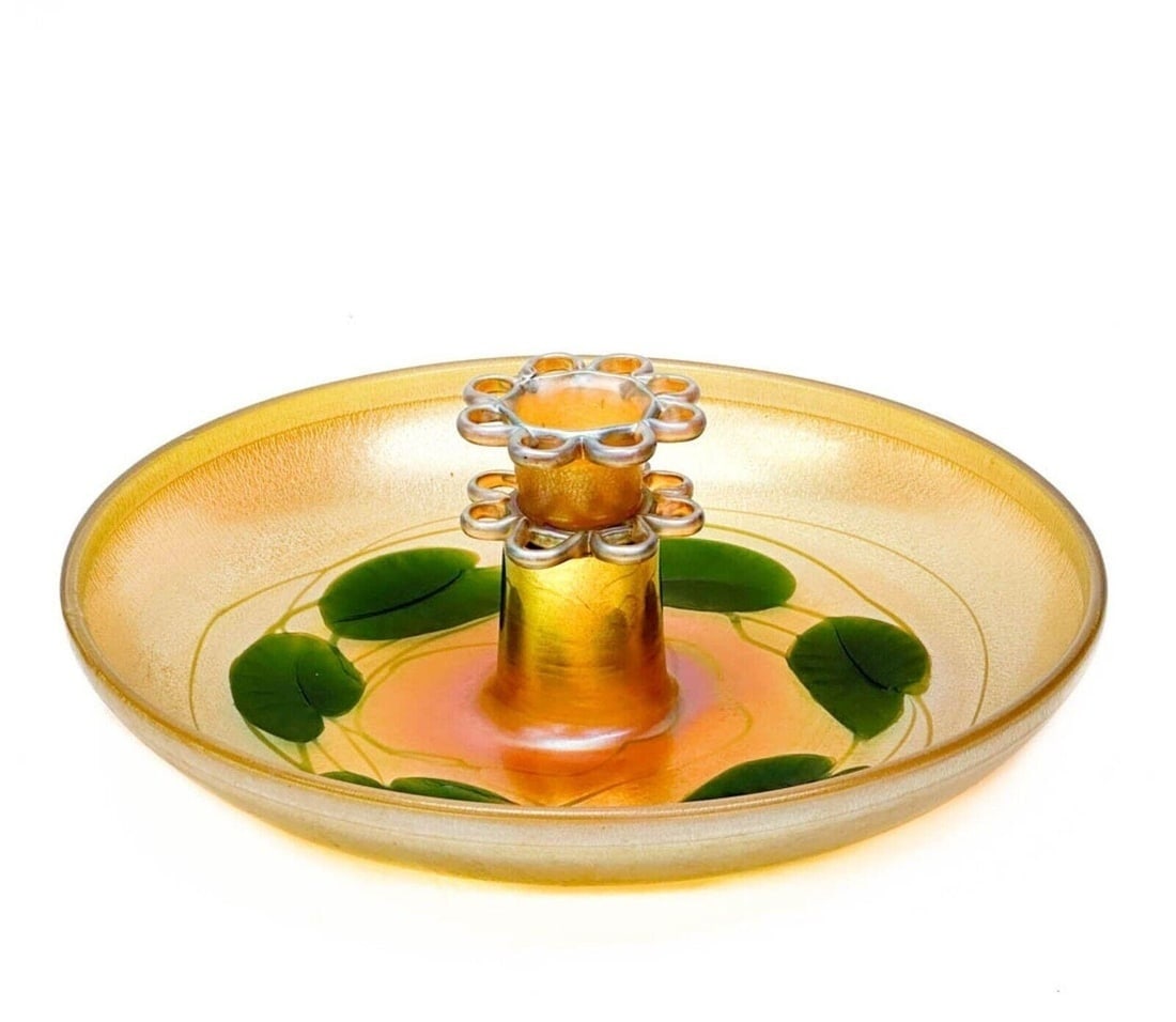 LCT Tiffany Favrile Iridescent Glass Centerpiece Bowl Leaf & Vine w/ Flower Frog (1 of 10)
