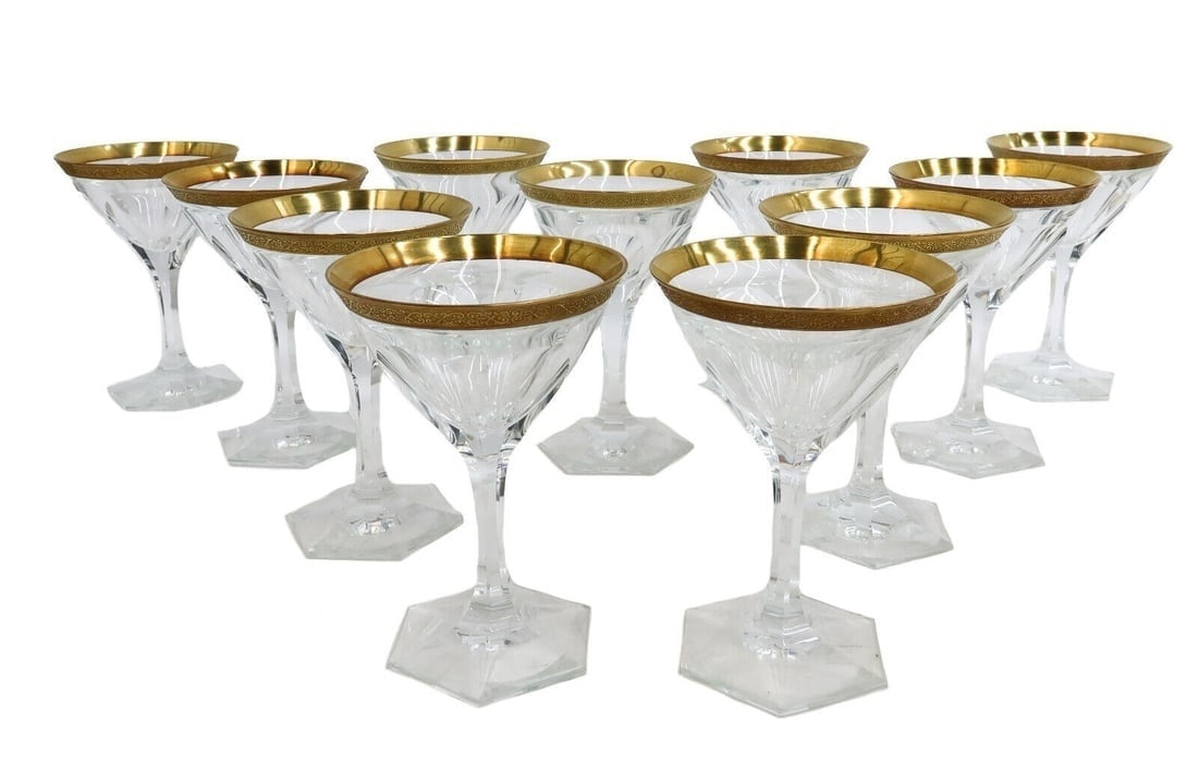 11 Moser Czech Cut Crystal Glass Martini Liquor Cocktails in Adela Melikoff: 11 Moser Czech cut crystal glass martini liquor cocktail goblets in Adela Melikoff, signed. Cut panel with gold trim with scrolls to mouth. Acid etched Moser mark to underside. Weight: Approx. 8 lbs M