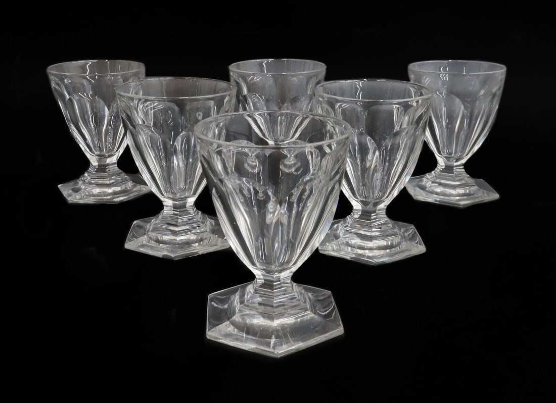 6 Baccarat France Cut Glass Wine Goblets in Harcourt Tallyrand Signed: 6 Baccarat France cut glass wine goblets in Harcourt Tallyrand, Signed. Cut panel design on bowl. Acid etched Baccarat mark to base. Weight: Approx. 5 lbs Measurements: Approx. 3 inches diameter x 3.6