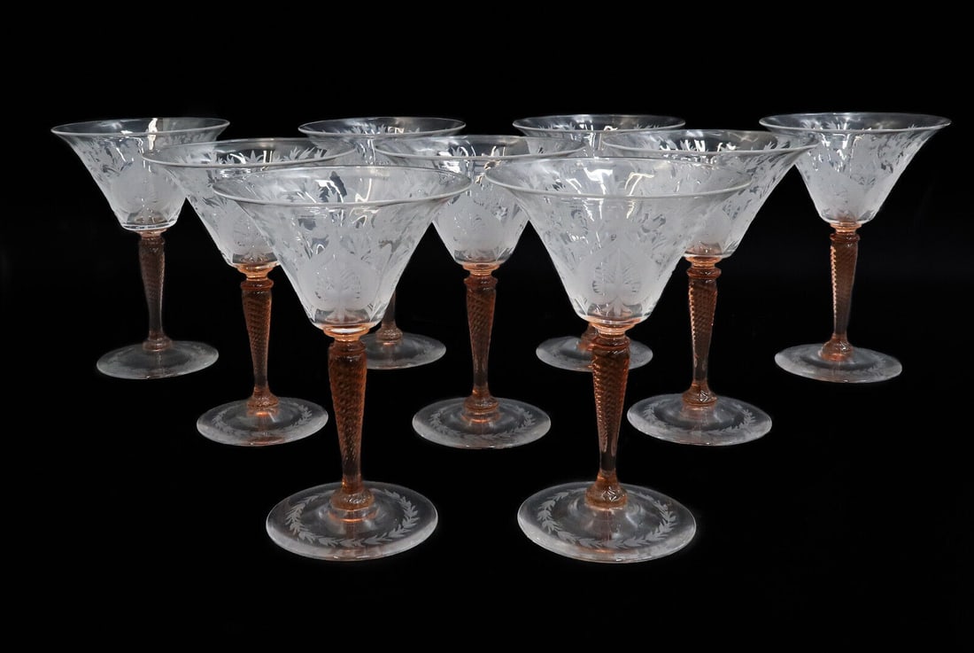 9 Steuben Acid Etched Glass Champagne Saucers Tall Sherbet Goblets in Van Dyke (1 of 7)