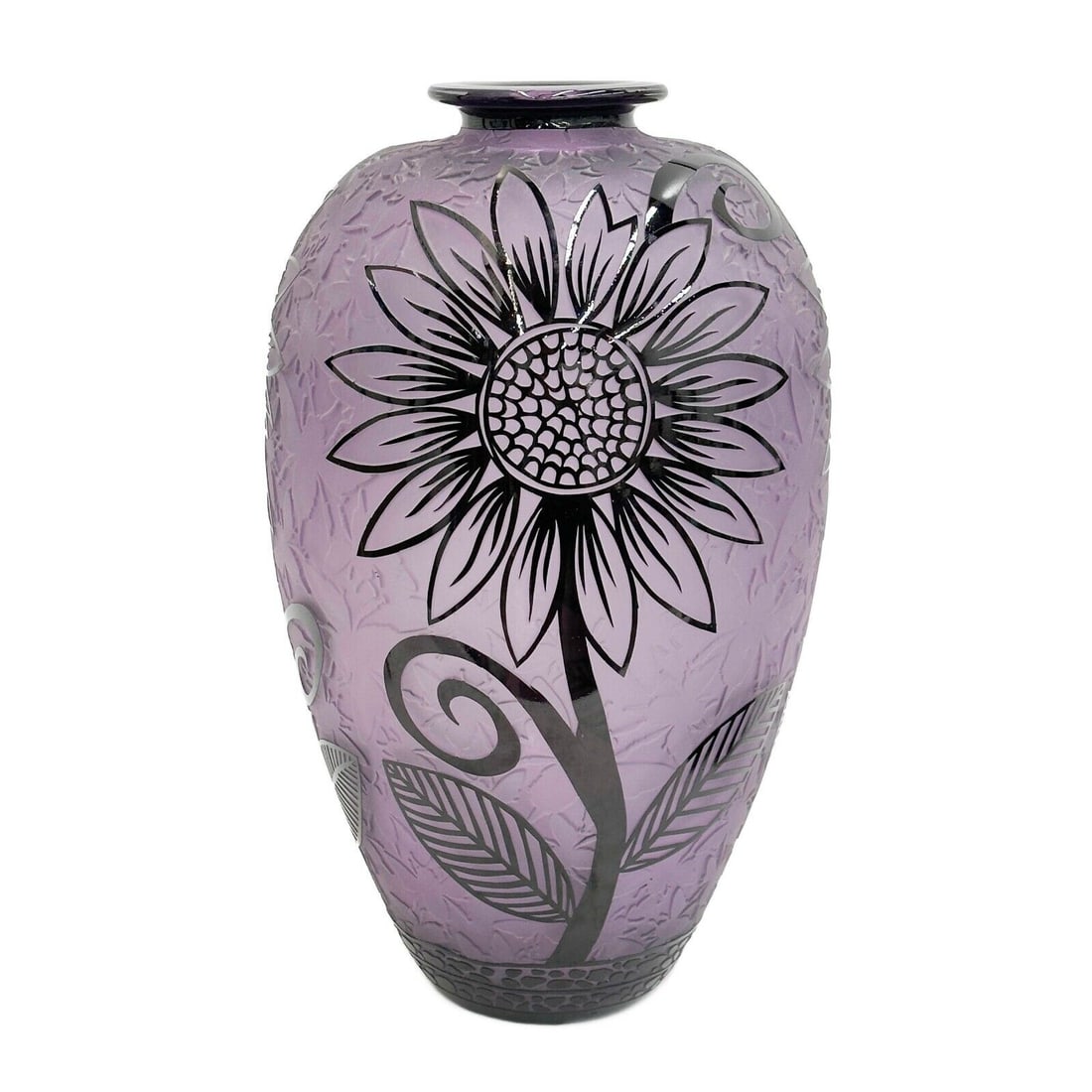 Duncan McClellan Sand-Blasted Art Glass Vase Purple Black Sunflowers 17 in (1 of 6)