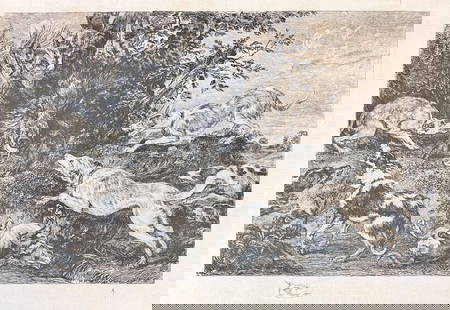after Frans Snyders etching The Boar Hunt by William Unger: Etching by William Unger, after Frans Snyders (1519-1657) titled, 'The Boar Hunt', landscape with dogs surrounding a wild boar. Print is mounted onto paperboard. Unframed. (FB1) Measurements: Approx.