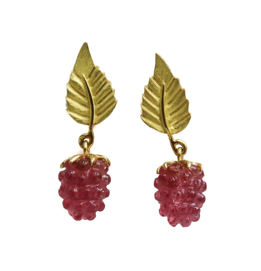 Tiffany & Co. 18k Yellow Gold and Pink Tourmaline Carved Raspberry Drop Earrings (1 of 10)