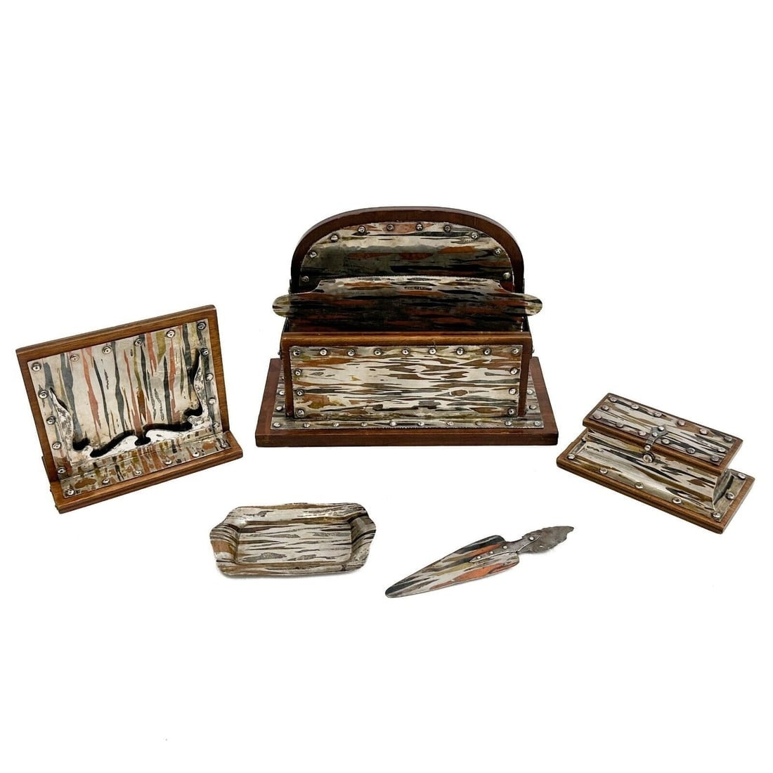5pc American Mokume JE Caldwell Sterling Silver Mixed Metal Wood Desk Set c1910 (1 of 11)