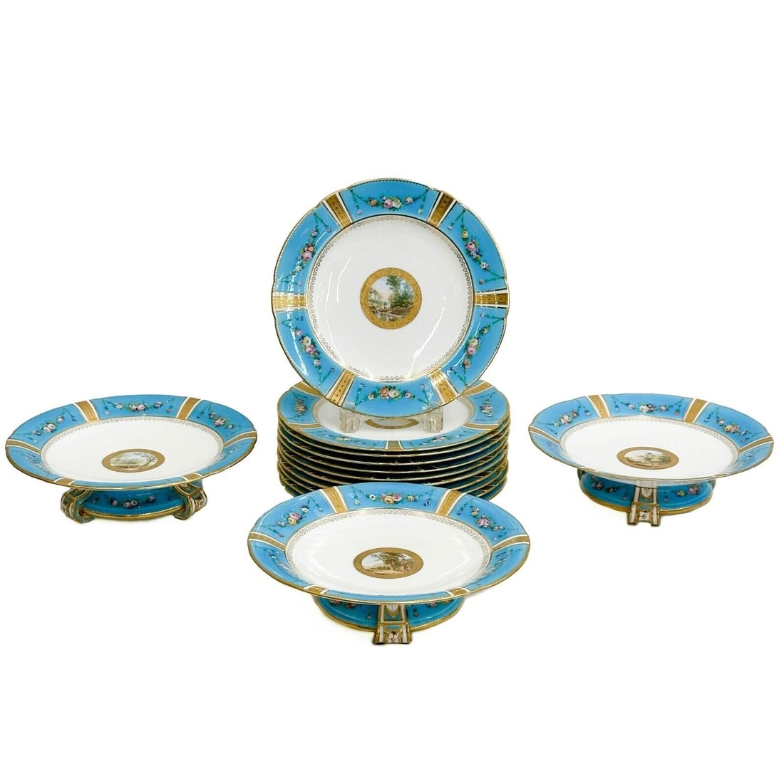 Minton England Painted Landscape Scene Porcelain 11 Dessert Plates & 3 Compotes (1 of 11)