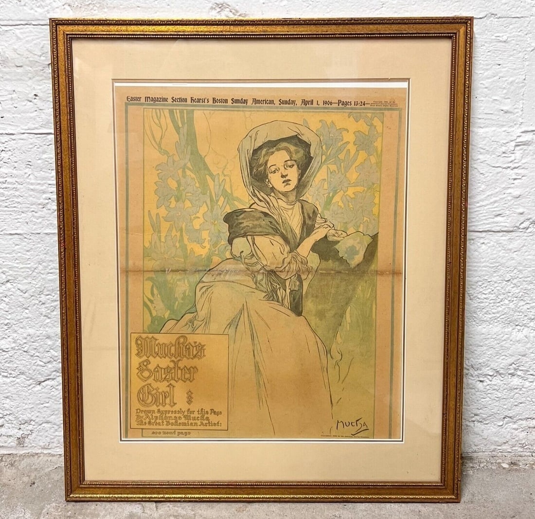 Alphonse Mucha Color Lithograph Print Easter Girl 1906: Alphonse Mucha (1860-1939) Color Lithograph Print Easter Girl. April 1, 1906 Easter Magazine section of Boston Sunday American. 6lbs Measurements: Approx. frame 21.75 x 26.25 inches; sheet 15.25 x 20