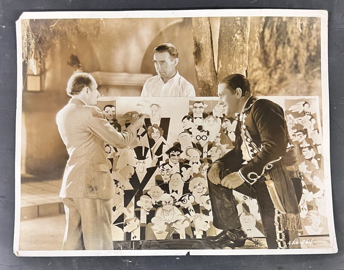 Sepia Photograph Xavier Cugat, Richard Barthelmess, Frank Lloyd The LASH 1930: Sepia Gelatin Print Photograph. Image has Xavier Cugat drawing caricatures of actor Richard Barthelmess, and director Frank William George Lloyd (left), all from the 1930 movie, The Lash, which Barthe