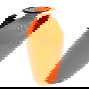 Michael Powolny for Loetz Orange Art Glass Vase Curled Handles: Michael Powolny for Loetz Orange Art Glass Vase. Applied black glass curled handles and lip. Polished pontil to the underside Weight: Approx. 1 lb Measurements: Approx. 4 inches x 3.5 inches x 7.25 in