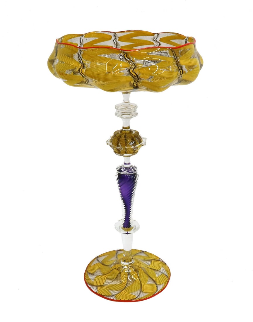 Charles Paul Savoie (US 20th C) Yellow Venetian Tall Art Glass Goblet Signed (1 of 7)