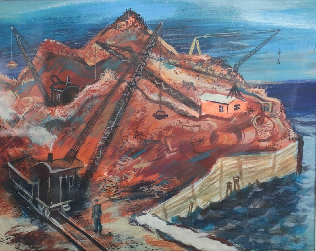 Sydney Glen Fossum  (American 1909 - 1978) Gouache painting industrial landscape (1 of 6)