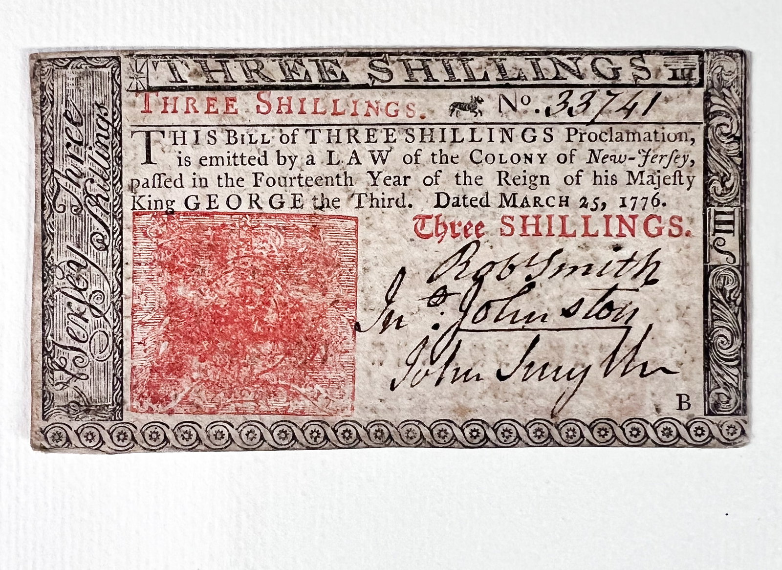 New Jersey 3 Shillings Colonial Currency March 25 1776 (1 of 3)