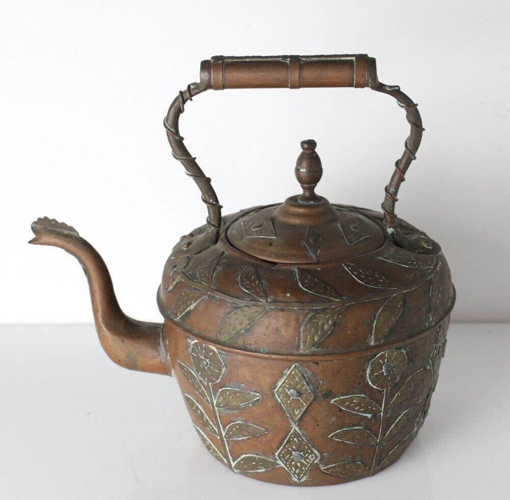 Antique Moroccan Copper Kettle with mounted floral decorations in brass (1 of 6)