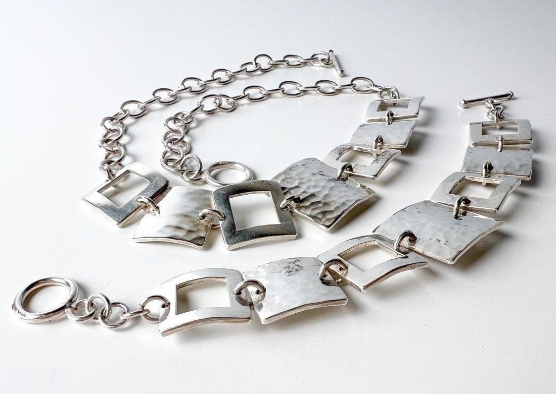 2pc Vintage Modernist Sterling Silver Necklace and Bracelet Set (1 of 6)