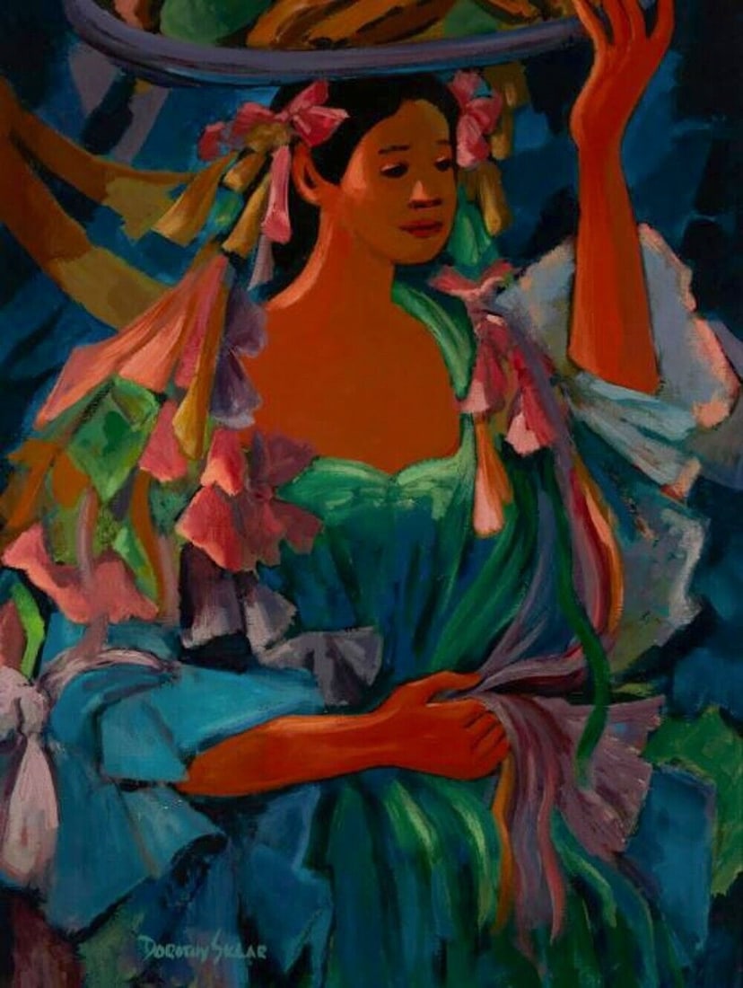 Dorothy Sklar Acrylic painting Ribbons & Bows Mid Century: Dorothy Sklar (California 1906-1996), Acrylic painting on canvas, Figure in brightly colored dress. Signed lower left. Titled on reverse, 'Ribbons and Bows II'. Wood Frame. (UPLB) Measurements: Approx