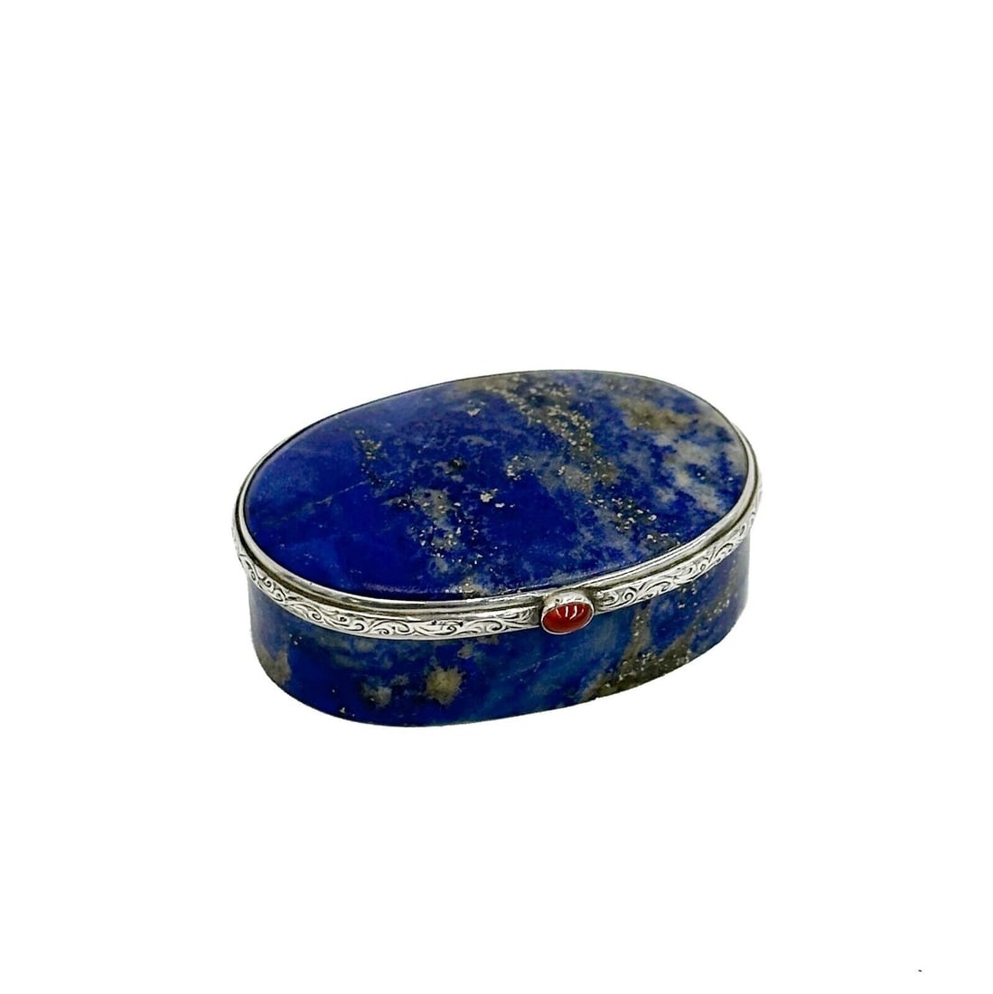 American Blue Lapis Lazuli Sterling Silver & Carnelian Mounted Pill Box c1900: Possibly American Blue Lapis Lazuli Sterling Silver Mounted Pill Box, circa 1900. Red cabochon carnelian stone to clasp. Interior silver marked 925 with faint hallmark, French swan import mark Weight