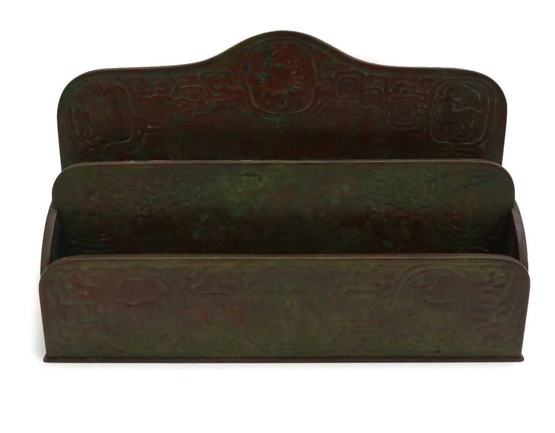 Tiffany Studios New York Bronze Letter Holder in Zodiac #1009 circa 1900: Tiffany Studios New York Bronze letter holder in Zodiac #1009 c1900. Engraved astrological zodiac signs throughout. Tiffany Studios mark to underside numbered #1009. Weight: Approx. 3 lbs Measurements