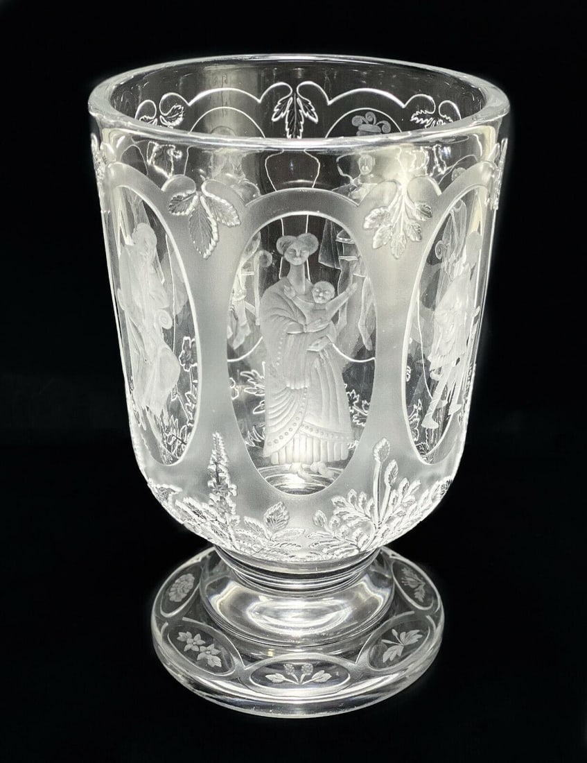 Andrews for Webb Corbett Engraved Glass Footed Vase: Andrews for Webb Corbett engraved glass footed vase. 1976. Finely hand engraved figures throughout the exterior of the bowl with etched leaves and florals. Designed by David Smith, made by M. Andrews