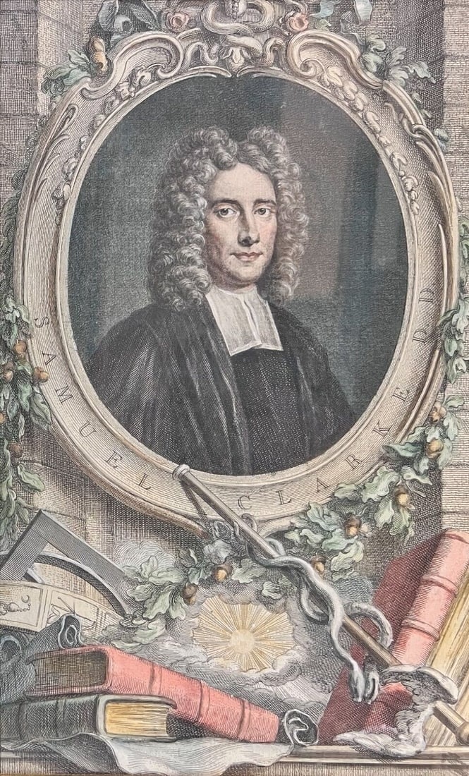 Jacobus Houbraken Hand colored Engraving Portrait Samuel Clarke DD: Jacobus Houbraken (1698-1780) Hand colored Engraving on paper, Samuel Clarke DD; after a painting by Thomas Gibson (c.1680-1751). Originates from Thomas Birch's, 'The Heads of Illustrious Persons of G