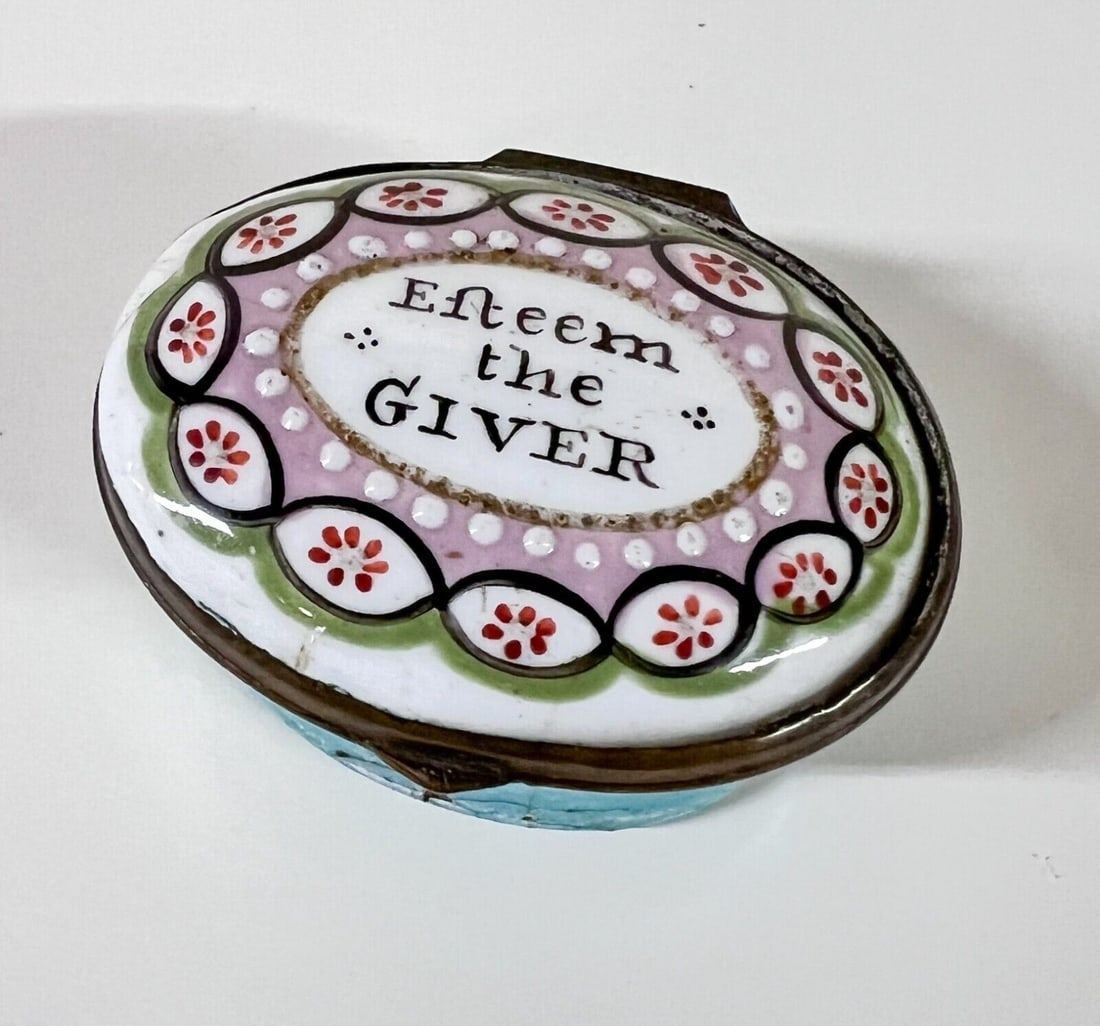 18th century Enamel on Copper Esteem the Giver Ring Trinket Pill Box: 18th century English Enamel on Copper Esteem the Giver Ring or Trinket Box. Hand painted enamels with message. Aqua blue with dainty blue floral motif on lid. Measurements: Approx. 1.625 x 1.5 x 1 inc