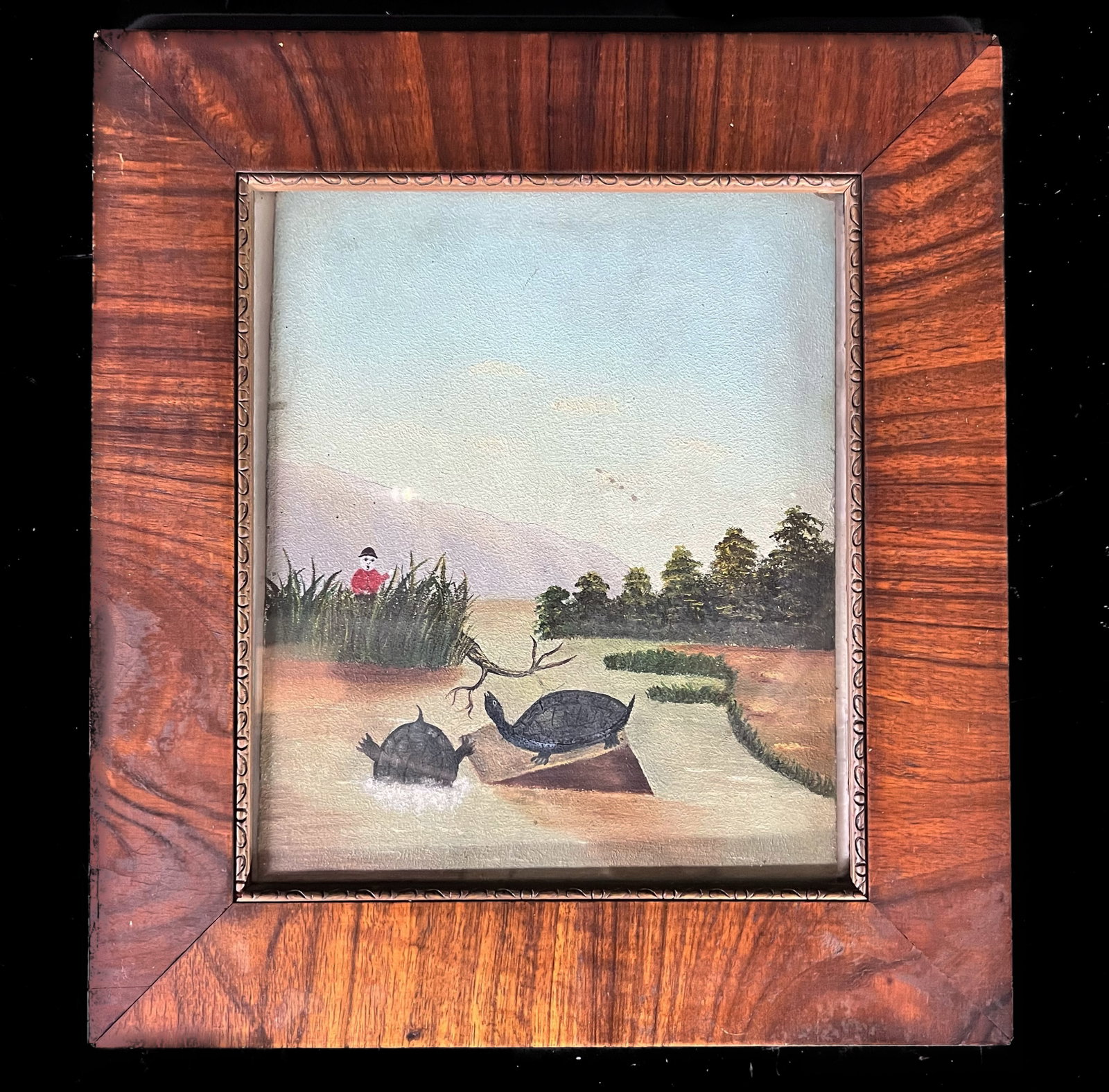 Naive Folk Art Oil Painting on board: Naive Folk Art Oil Painting on board, scene with turtles. Inscription on reverse dates this 1882. Unsigned. In wood frame and glazed. 1.6lbs Measurements: Approx. Board 8 x 10 inches; frame 12.5 x 14 