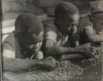 George Rodger Silver Gelatin Photograph French Cameroons c1950 Children: George Rodger Silver Gelatin Photograph, "French Cameroons" c1950, image of children. In black frame. ECA stamp on reverse (photocopy of stamp mounted to back of frame.) Measurements: Approx. photo 20