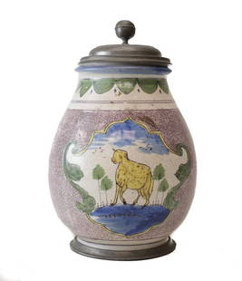 18th Century Pewter mounted German Faience Tankard Schwamme dekor: 18th Century Pewter-mounted German Faience Tankard, painted polychrome stylized florals, sheep. With Schwämme dekor sponged color, initialed K.B.D. I on lid. Bulbous form. Unmarked. From the estate o