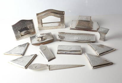 10pc Sterling Silver Birmingham Desk Set 1864 Engraved foliate designs (1 of 12)