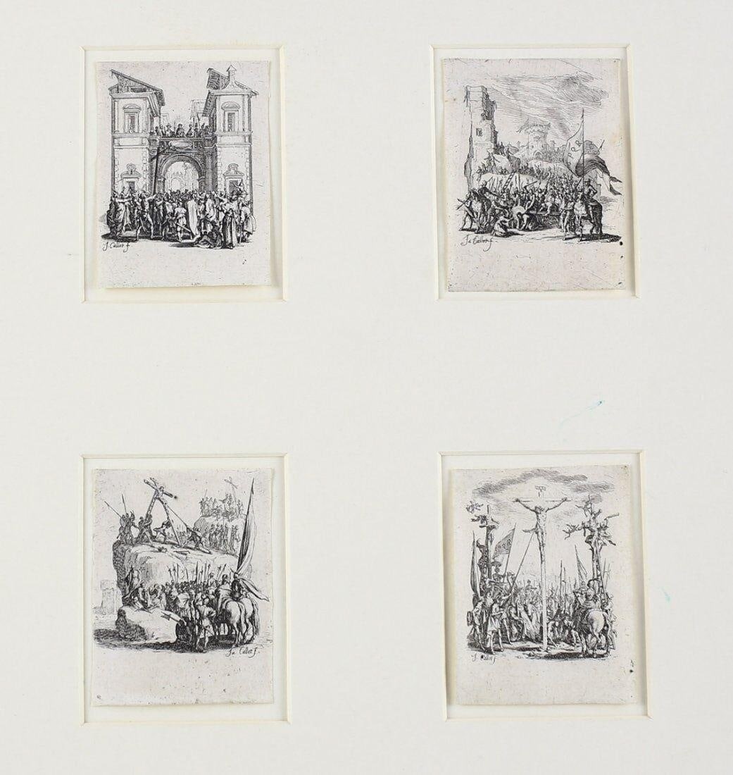 Jacques Callot French 1592-1635 La Petite Passion 4 Etchings: Callot, Jacques (French, 1592-1635) "La Petite Passion", four small black and white etchings on paper. 'Christ Presented to the People, Christ Bearing the Cross, Christ Raised on the Cross, Christ Pie