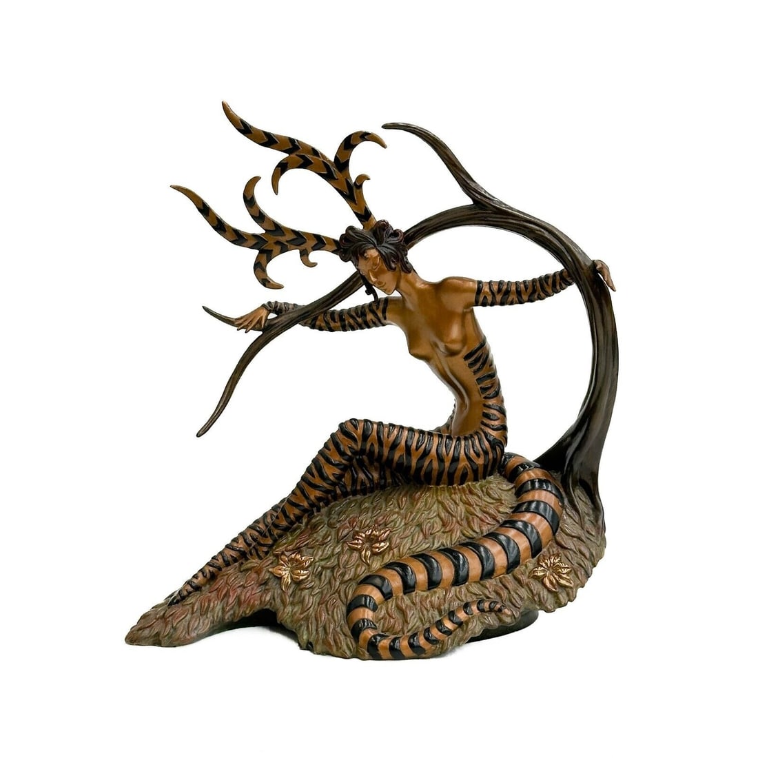 Erte Romain de Tirtoff Gilt Bronze Sculpture The Hunting Ltd Ed/375 Signed: Erté (Romain De Tirtoff) (Russian/French 1892-1990) Patinated and Gilt Bronze Sculpture, The Hunting. Depicts a woman with tiger stripes beneath a tree. Signed Erte to the back edge of the base, lowe