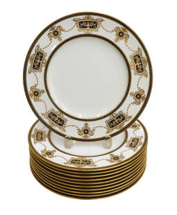 11 Royal Worcester England Porcelain Dinner Plates circa 1900: 11 Royal Worcester England Porcelain Dinner Plates, circa 1900. White ground with black and gilt urns and swags to rim. Royal Worcester mark to underside. Date marks from 1898 to 1901. Weight Approx.,