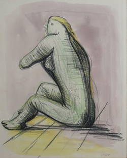 Henry Spencer Moore (British 1898 - 1986) Mixed Media Drawing on paper Figure: Attributed to Henry Spencer Moore (British 1898 - 1986) Drawing on paper, wax crayon, watercolor. Seated nude female. Signed lower right "Moore" Wood frame and glazed. 9lbs Measurements: Approx. Drawi
