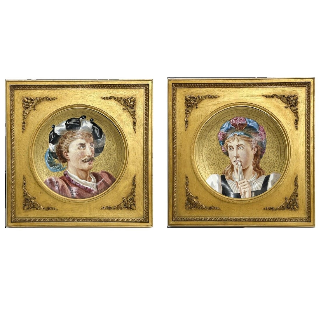 Pair Wedgwood England Hand Painted Porcelain Chargers Framed Hewitt 1883: Pair Wedgwood England Hand Painted Porcelain Chargers Framed. One depicts a portrait of a man, he other a woman. Each artist signed JP Hewitt 1883 Weight: Approx. 25 lbs Measurements: Approx. Chargers