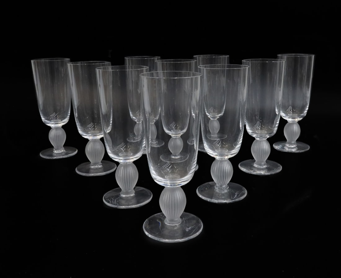 10 Lalique France Crystal Glass Fluted Champagne Goblets  Langeais Signed (1 of 8)