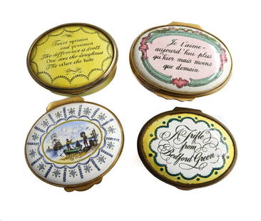 4 English Enamel Trinket Boxes Halcyon Bilston and Crummles 20th Century: 4 English enamel trinket boxes 20th Century. - Includes 3 Halcyon Bilston trinket boxes-Yellow trinket box inscribed, "Twixt optimist and pessimist / The difference is droll / One sees the doughnut th