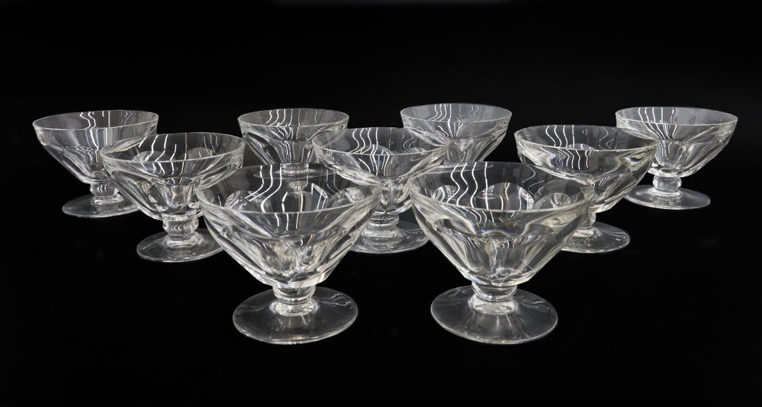 9 Baccarat France Crystal Glass Dessert Sherbet Goblets in Tallyrand Signed: 9 Baccarat France crystal glass dessert sherbet goblets in Tallyrand, Signed. Cut panels to exterior. Marked Baccarat to underside. Weight: Approx. 10 lbs Measurements: Approx. 4 inches diameter x 3.1