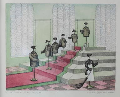 Anataloy Yakovlev, Alla Ozerovskaia Russian etching watercolor Kozma Prutkov: Anataloy Yakovlev and Alla Ozerovskaia Russian etching, aquatint and watercolor. Titled, 'Were there no tailors, tell me: How would you distinguish offices and departments?' From the 'Kozma Prutkov' s