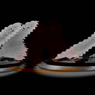 Luis Alberto Quispe Aparicio Carved Rock Crystal Quartz Pair Fancy Pigeons: Rock Crystal Quartz Carving by Luis Alberto Quispe Aparicio. Depicts a pair of white old Dutch capuchine pigeons mounted on a oval black obsidian base with gilt silver mounts. Gilt silver feet, beaks