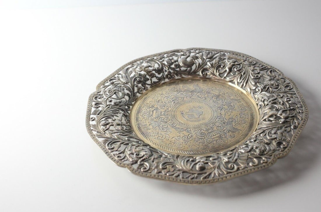 Gilt Sterling Silver Reticulated Repousse Dish London 1892 Charles Stuart Harris: Victorian Gilt Sterling Silver Reticulated Repousse Dish, London 1892, Charles Stuart Harris. Fine repousse pierced rim, featuring putti, birds, fish, fruiting foliage; hand chased urns, birds, insect