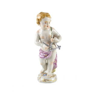 Meissen Porcelain Figurine Putti Cherub, Child with Triangle. #70509 Hand Painted: Meissen Porcelain Figurine, Putti or Cherub, Child with Triangle. #70509. Cherubic child holds a 'petit fer' and beater, a shoulder strap holds colorful draped fabric. Beautifully hand painted. Makers