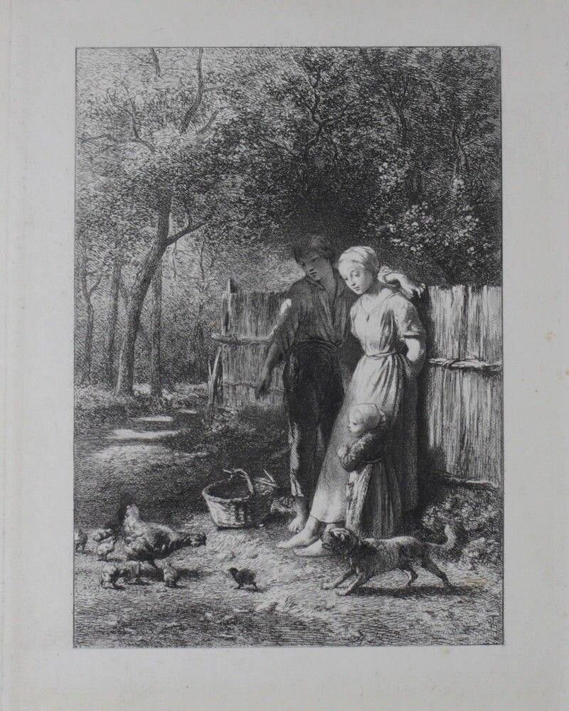 Charles Emile Jacque (French 1813-1894) Etching on laid paper "Le Printemps": Charles Émile Jacque (French 1813-1894) Etching on laid paper "Le Printemps", watermarked. Light pencil signature? Lower right. "Family of peasants standing against a fence and watching a hen and her