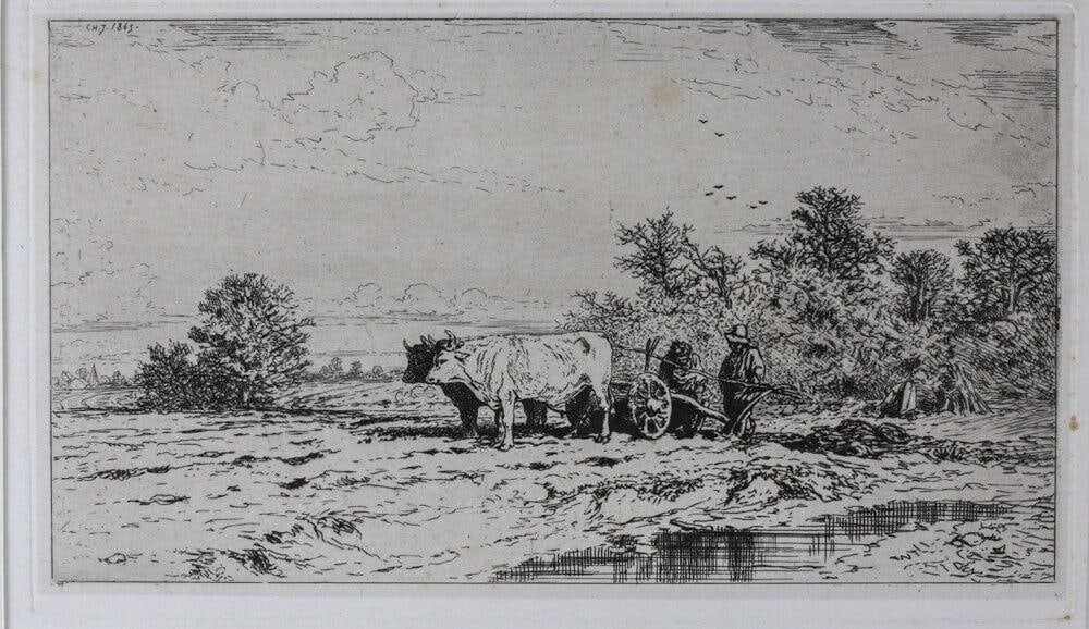 Charles Emile Jacque (French 1813-1894) Etching on paper Paysage Laboureurs: Charles Émile Jacque (French 1813-1894) Etching on stiff wove paper "Paysage, Laboureurs", monogrammed upper left in plate dated 1845. Weight: Approx. 0.25lb Measurements: Approx. Sheet 16.75" x 12";