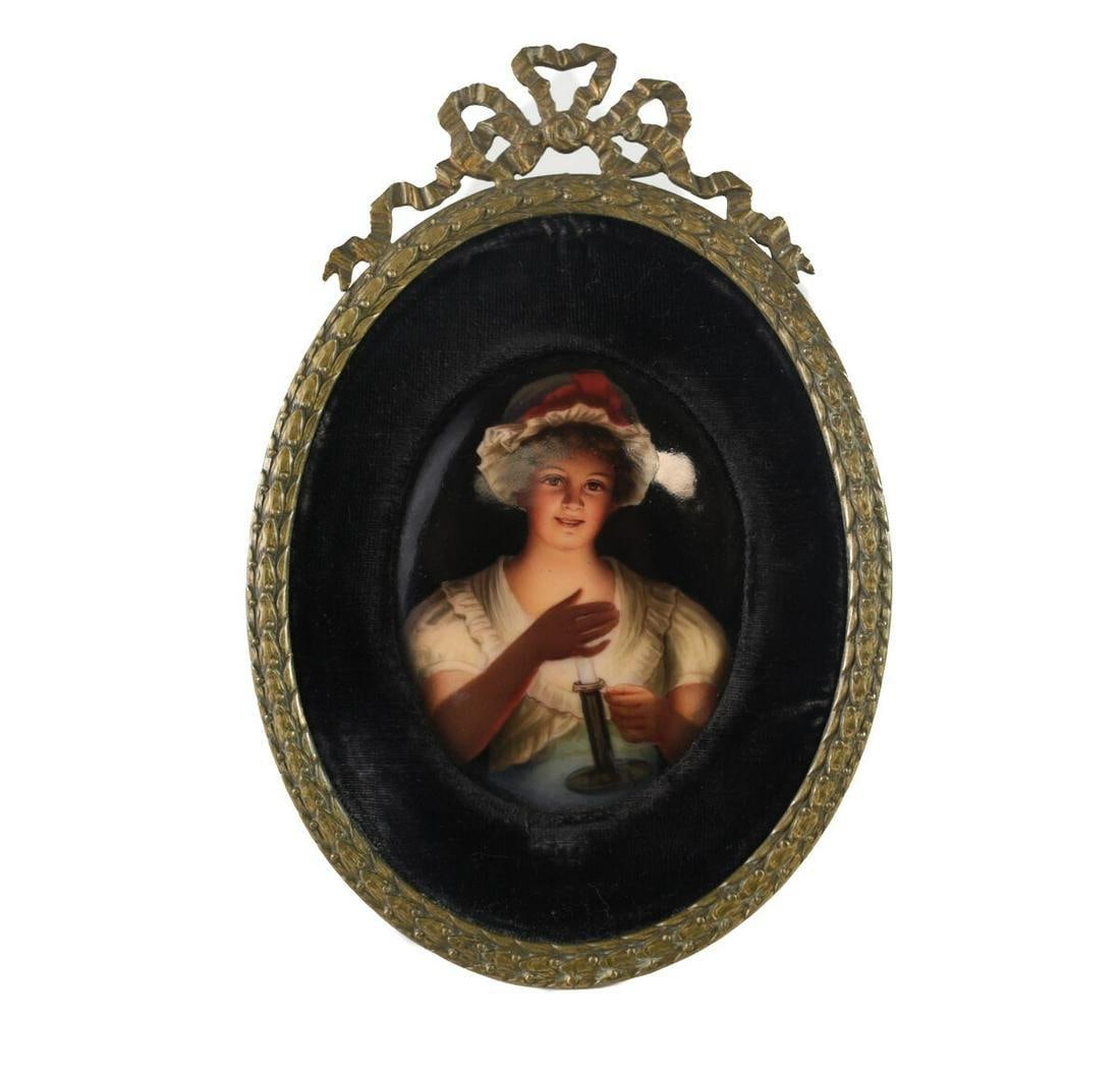 Continental Porcelain Miniature Portrait Plaque in Bronze frame c1900 Lisette (1 of 4)